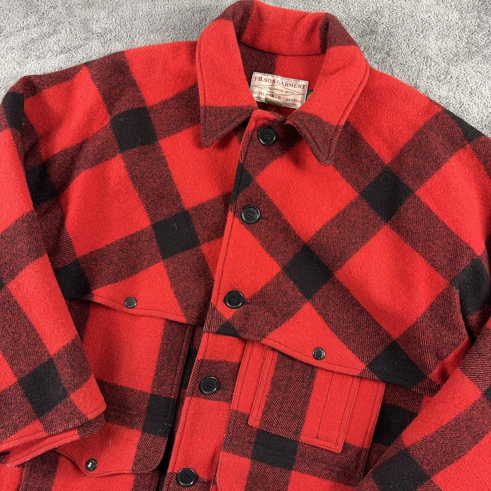 VTG CC FILSON DOUBLE MACKINAW CRUISER JACKET SZ 44 BUFFALO PLAIN WOOL USA 80's‎